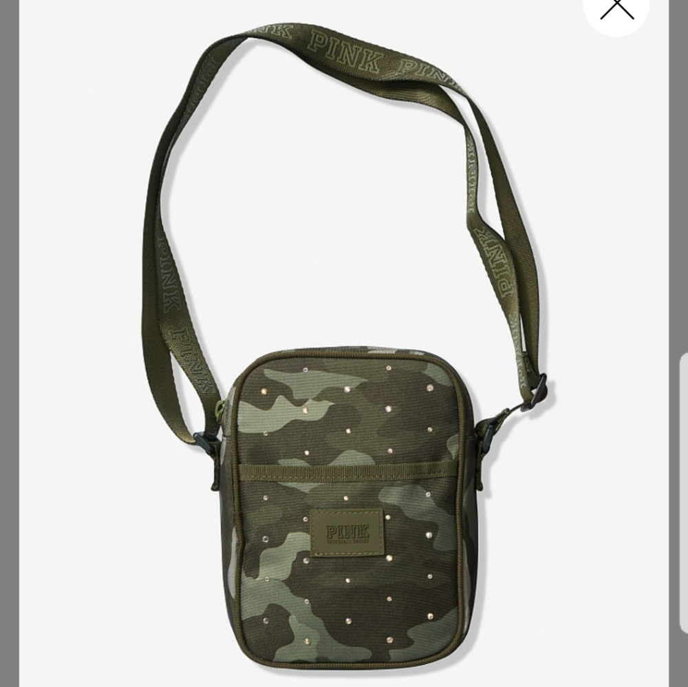 NWT VS PINK TAFFETA CAMOUFLAGE SPORT CROSSBODY WITH BLING. ADJUSTABLE STRAPS